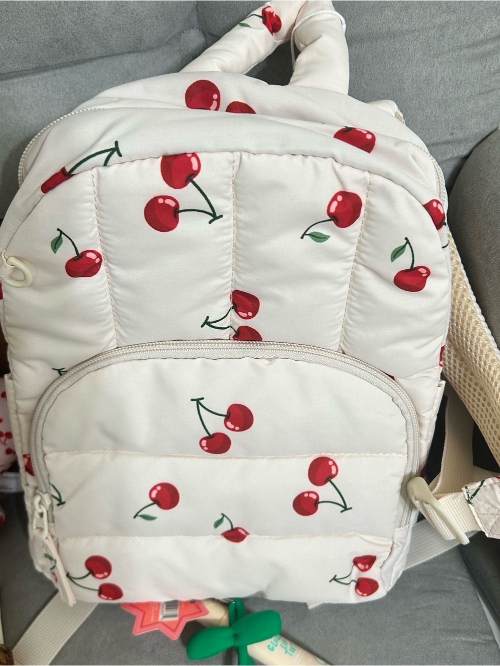 Cherry Print Quilted Backpack Charm Victoria’s Secret Bombshell Mist NWT - Picture 11 of 12